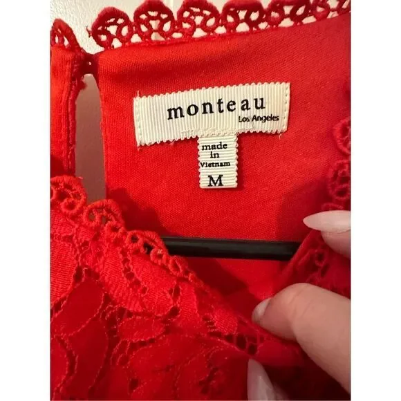 Monteau Women’s Red High Neck Lace Dress - Size Medium - 58171 - Picture 8 of 9